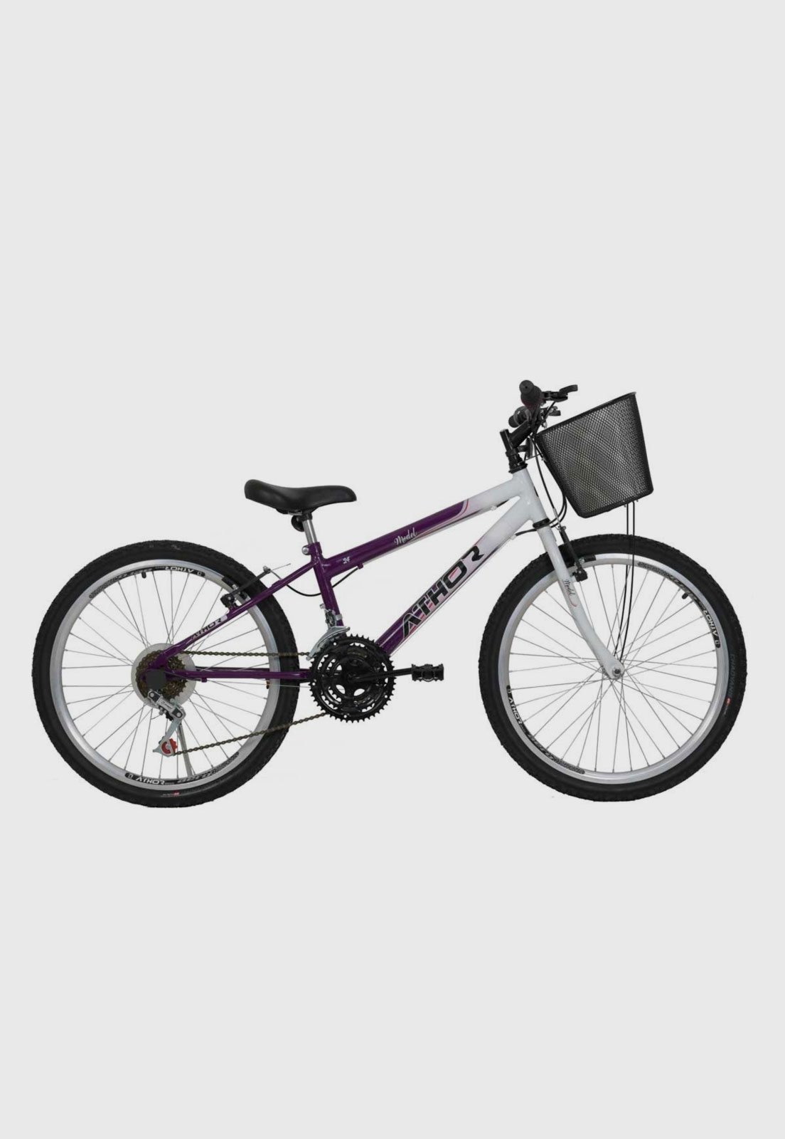 Bicicleta Aro 24 18M Model Violeta com cestão Athor Bikes