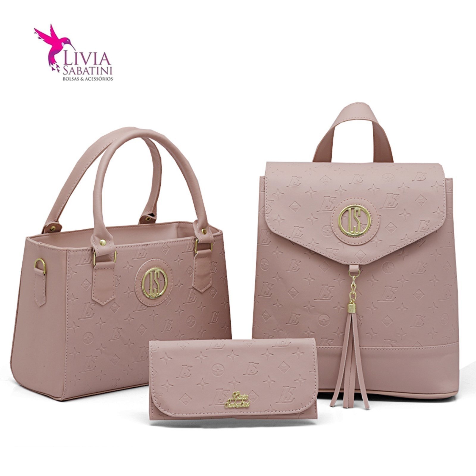 Bolsa Feminina Transversal kit com 3 peças Bolsa, mochila e carteira e Lenço Livia Sabatini Rosa