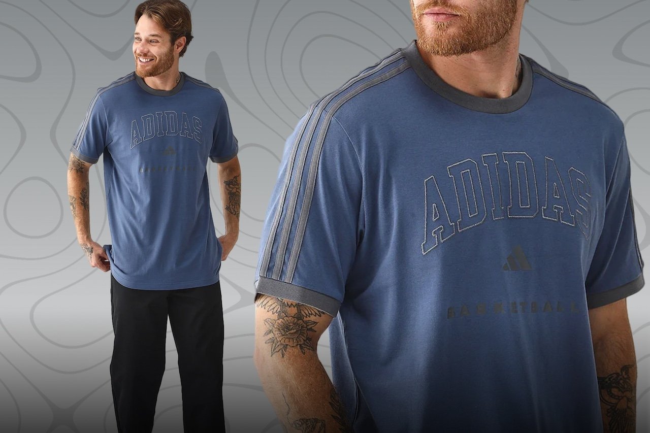 Homem vestindo camiseta azul da coleção Adidas Sportswear